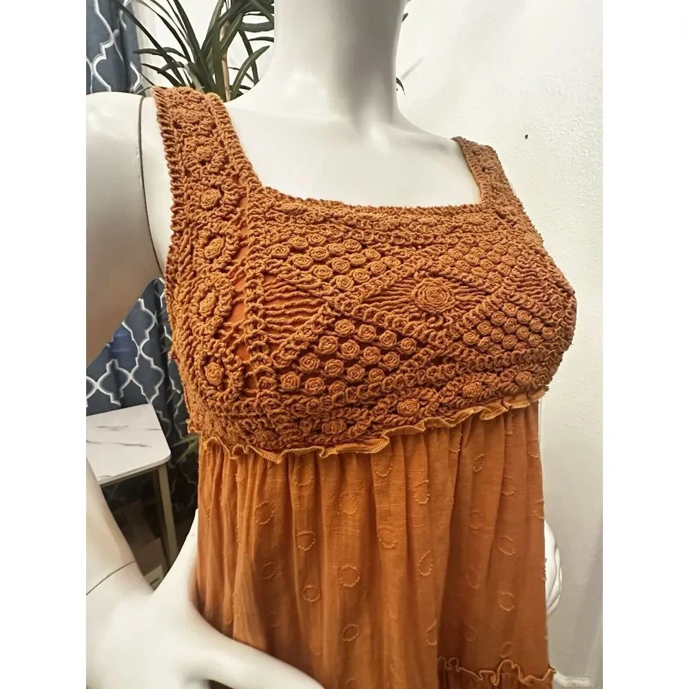 Lush Crochet Dress Women Sz S 4/6 Tiered Midi Ruffle‎ Trim Flowy Feminine Orange
